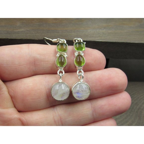 Jewelry - Sterling Silver Green Glass And Round Moonstone Earrings Vintage Wedding
